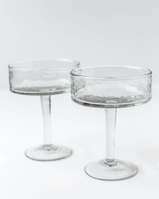 Handblown Hammered Coupe Cocktail Glass Pair: Clear